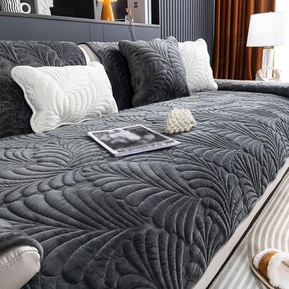 1pc Short Plush Quilted Embroidery Computer Sofa Cushion Cover, Anti-Scratch Anti-Slip Sofa Slipcover, Pet Protective Sofa Cover Suitable For L-Shaped And 1/2/3/4 Seat Sofa (Sold Individually)
