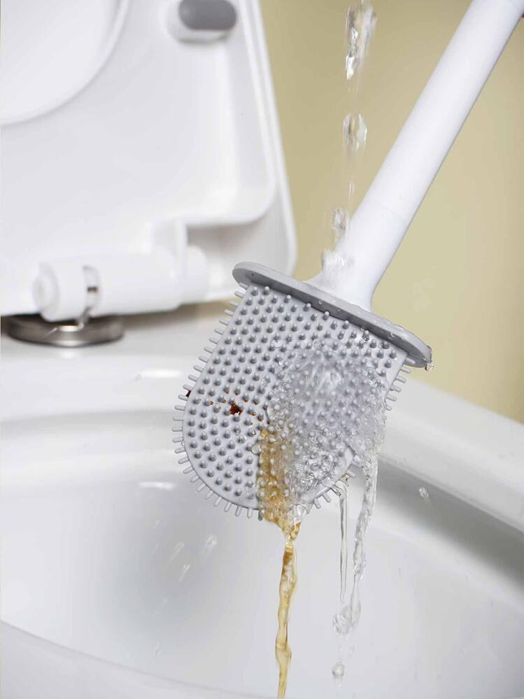 1 st. toalettborste i silikon, liten kompakt väggmonterad rengöringsborste, avtagbart långt skaft, ventilationshål, läckagesäker, platt huvud, mjuka borst, snabbtorkande, tillverkad av PP och TPR, badrumsdekor, höstdekor - Vitt - Visa 3