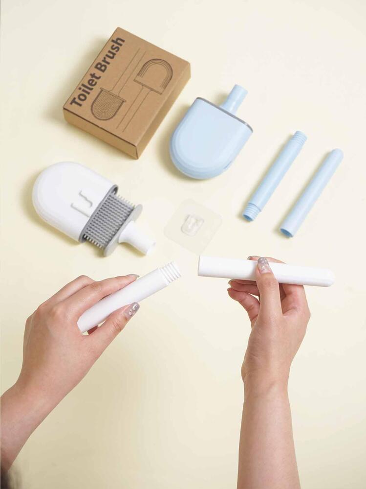 1 st. toalettborste i silikon, liten kompakt väggmonterad rengöringsborste, avtagbart långt skaft, ventilationshål, läckagesäker, platt huvud, mjuka borst, snabbtorkande, tillverkad av PP och TPR, badrumsdekor, höstdekor - Vitt - Visa 8