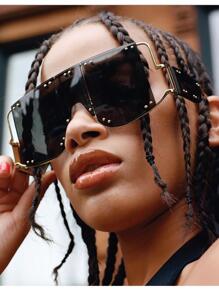 Rivet Decor Flat Top Fashion Glasses - Black - View 2