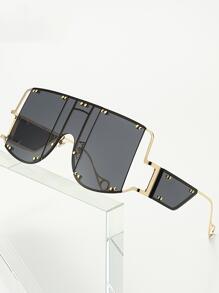 Rivet Decor Flat Top Fashion Glasses - Black - View 1