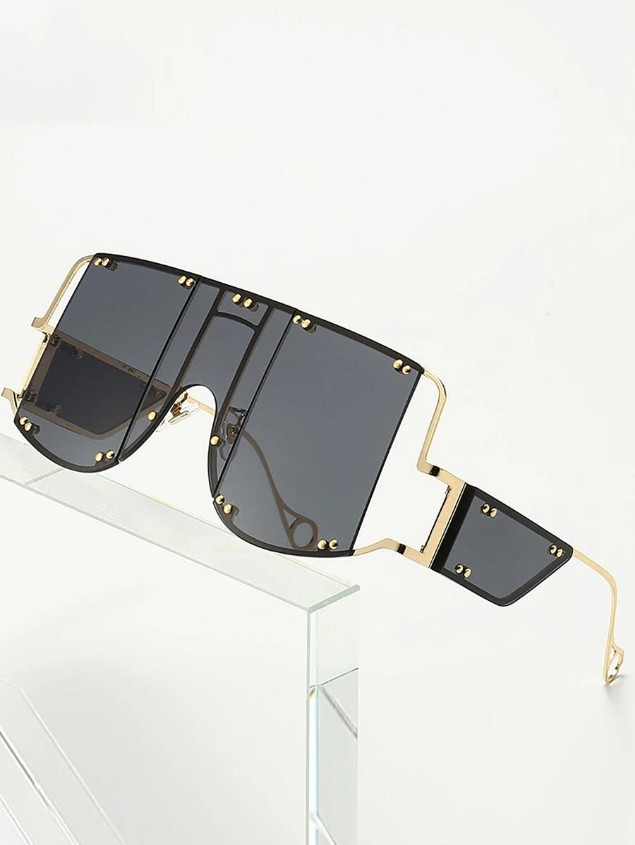 Rivet Decor Flat Top Fashion Glasses - Black - View 1