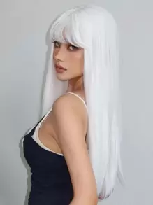 26英寸女士长直白色合成假发，带刘海，适合派对、角色扮演，耐热 - 白色 - 查看 6