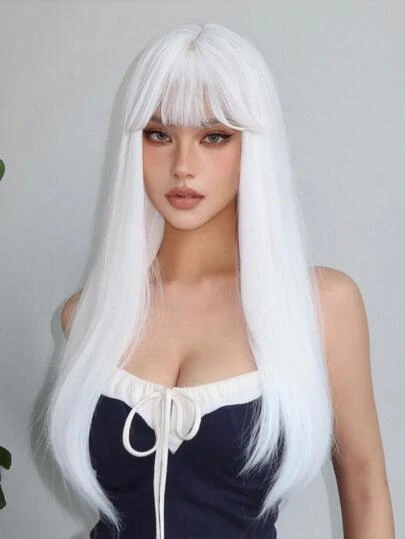26 Inch Women's Long Straight White Synthetic Wig With Bangs, Suitable For Party, Cosplay, Heat Resistant