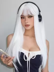 26英寸女士长直白色合成假发，带刘海，适合派对、角色扮演，耐热 - 白色 - 查看 4