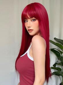 26英寸红色长直发合成假发，带刘海，耐热，外观自然，适合派对和角色扮演 - 紅色 - 查看 3