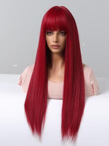 26英寸红色长直发合成假发，带刘海，耐热，外观自然，适合派对和角色扮演 - 紅色 - 查看 7