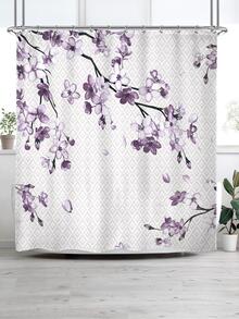 1入組花朵印花浴簾帶12入組鉤 - 紫色 - 查看 1