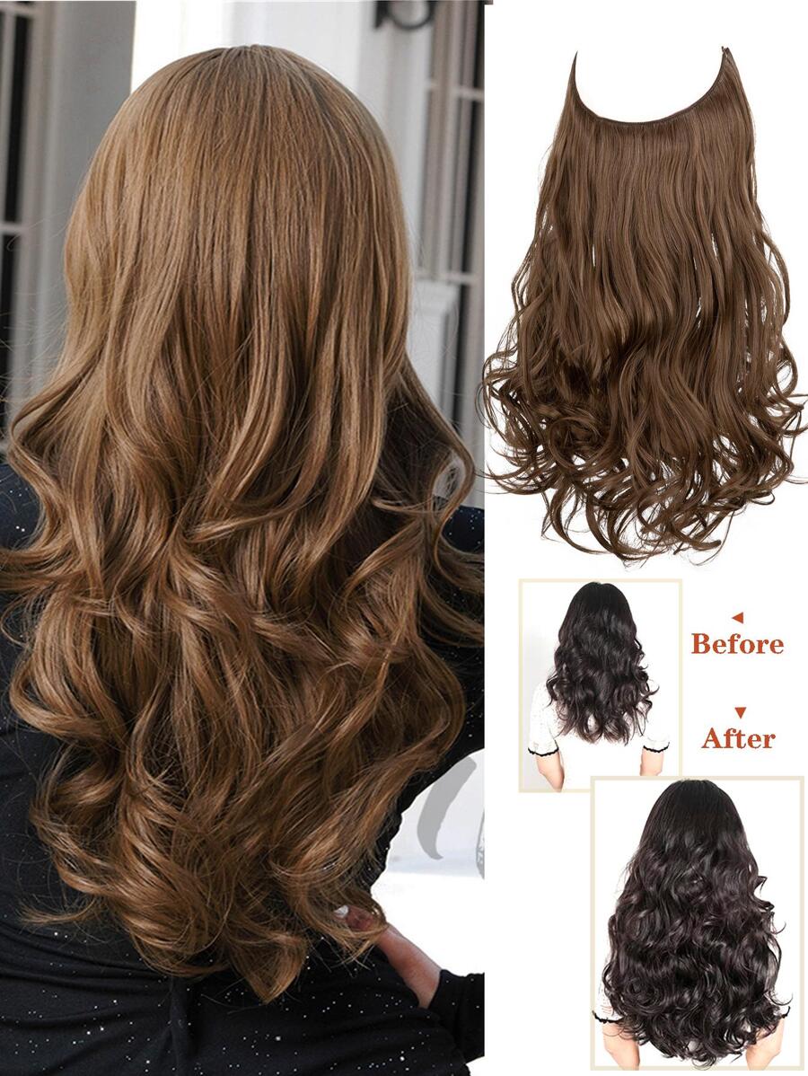 Tóc nối không gọng, chân tóc màu vàng nhạt, kiểu tóc gợn sóng tự nhiên, tóc nối tổng hợp dành cho nữ, dài 12/14/16/18/20/22/24 inch, màu nâu đậm/vàng nhạt, không cần kẹp.