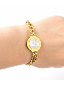 MECYLIFE 1 pieza de cadena de Cable de acero inoxidable, pulsera con dijes de números romanos de concha blanca y negra de doble cara