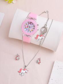 1入組女士粉色橡膠錶帶時尚夜光獨角獸樣式圓形錶盤石英表和1套首飾套裝,日常裝飾 - 粉色 - 查看 2