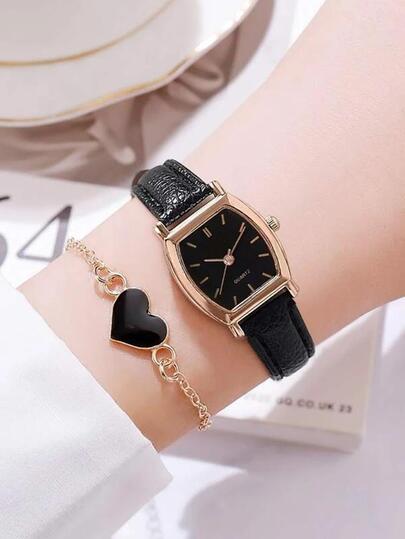 1 件女士荔枝纹压花黑色 PU 聚氨酯表带休闲酒桶形表盘石英表和 1 条心形装饰手链，适合日常生活