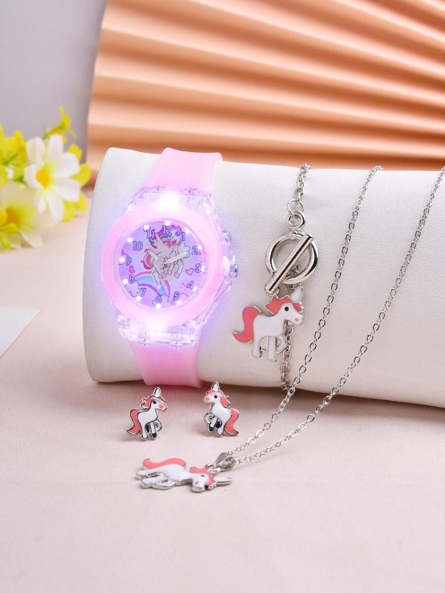 1入組女士粉色橡膠錶帶時尚夜光獨角獸樣式圓形錶盤石英表和1套首飾套裝,日常裝飾 - 粉色 - 查看 1