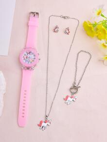 1入組女士粉色橡膠錶帶時尚夜光獨角獸樣式圓形錶盤石英表和1套首飾套裝,日常裝飾 - 粉色 - 查看 3
