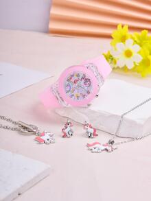 1入組女士粉色橡膠錶帶時尚夜光獨角獸樣式圓形錶盤石英表和1套首飾套裝,日常裝飾 - 粉色 - 查看 5