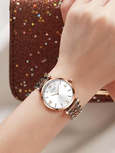 OUPAI 1入女士金色鍍層不銹鋼帶休閒優雅的手錶,帶鑽石鑲嵌,防水,適用於日常聚會