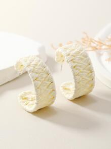 1 对波西米亚风格假日奶油色、绿松石色和海军蓝编织拉菲草环状耳环，手工制作，简约时尚，适合日常佩戴 - 米色 - 查看 1