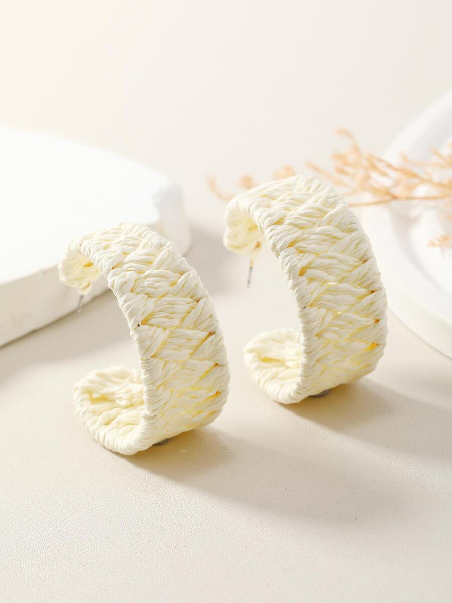 1 对波西米亚风格假日奶油色、绿松石色和海军蓝编织拉菲草环状耳环，手工制作，简约时尚，适合日常佩戴 - 米色 - 查看 1