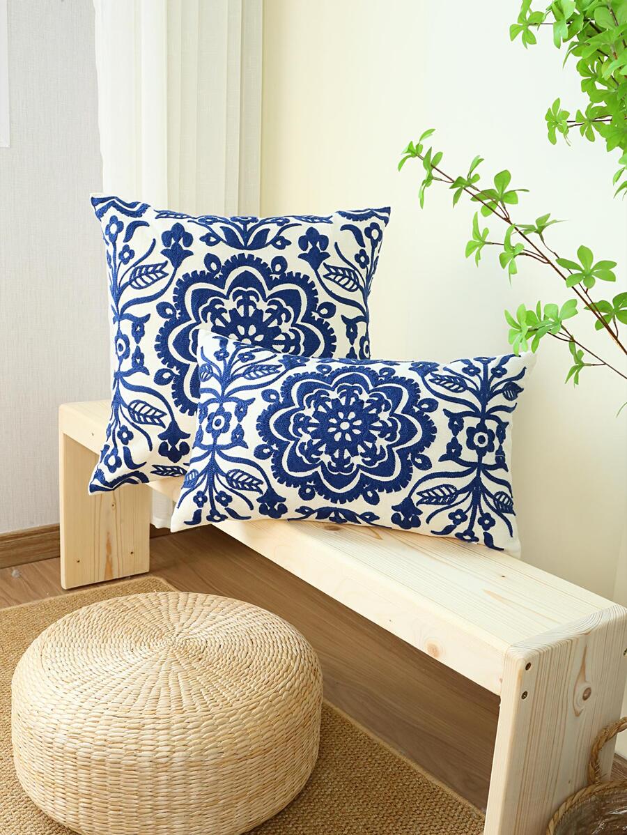 1入組花卉刺繡靠墊套不附帶墊芯 - 藏蓝色 - 查看 1