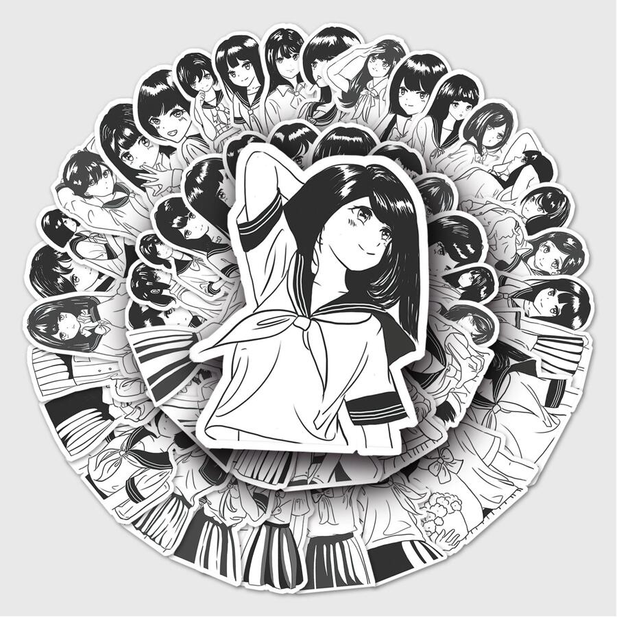 50入組JK風格女孩塗鴉卡通Anime貼紙適用於兒童可愛時尚Love塗鴉防水貼紙合適的適用於手提電腦水瓶子滑板手機 - 黑與白 - 查看 1