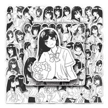 50入組JK風格女孩塗鴉卡通Anime貼紙適用於兒童可愛時尚Love塗鴉防水貼紙合適的適用於手提電腦水瓶子滑板手機 - 黑與白 - 查看 3