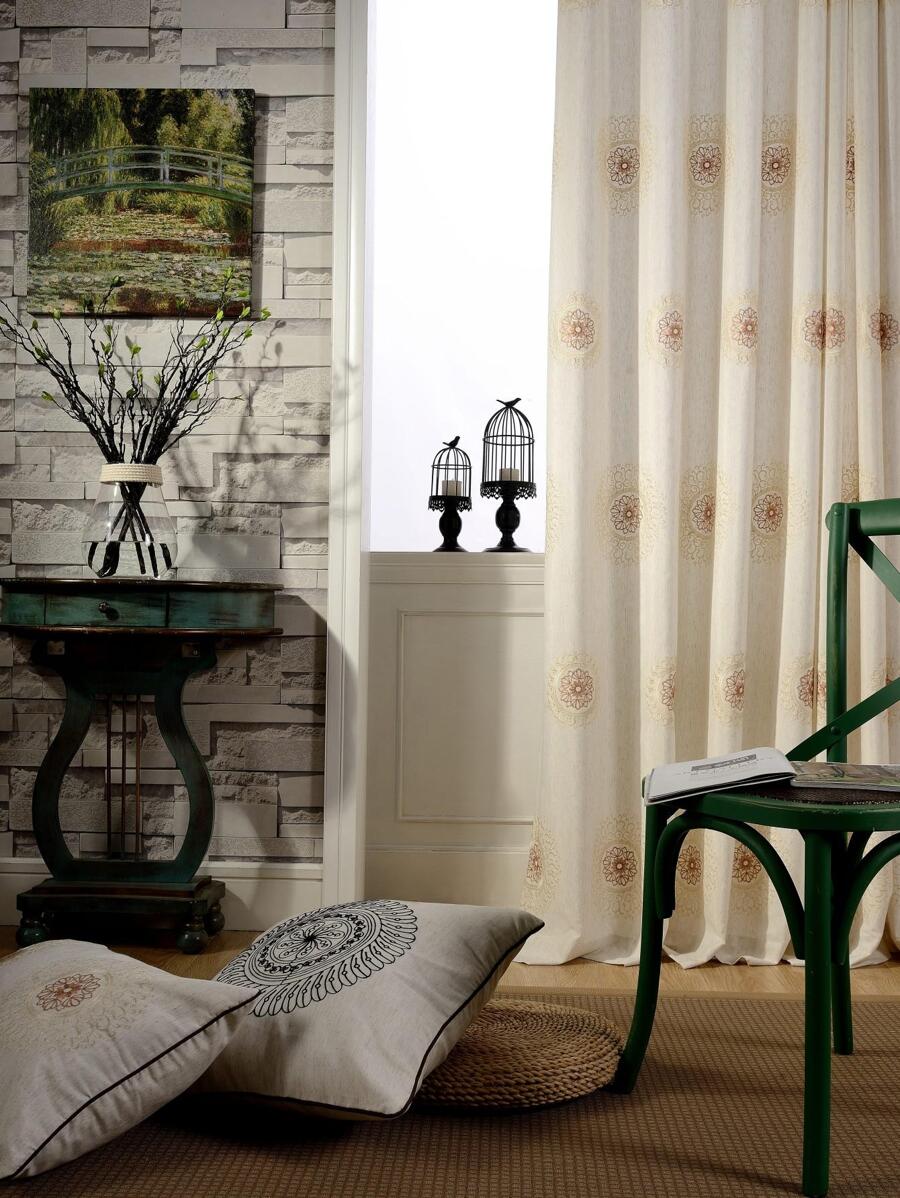 1pc Multi-Color Embroidered Half-Shading Finished Curtain With Countryside Style