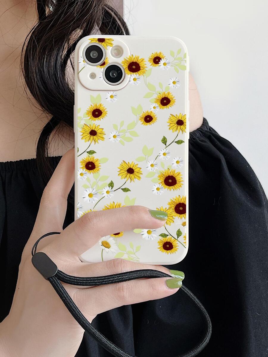 Sunflower Pattern Phone Case With Lanyard - Beige - View 1
