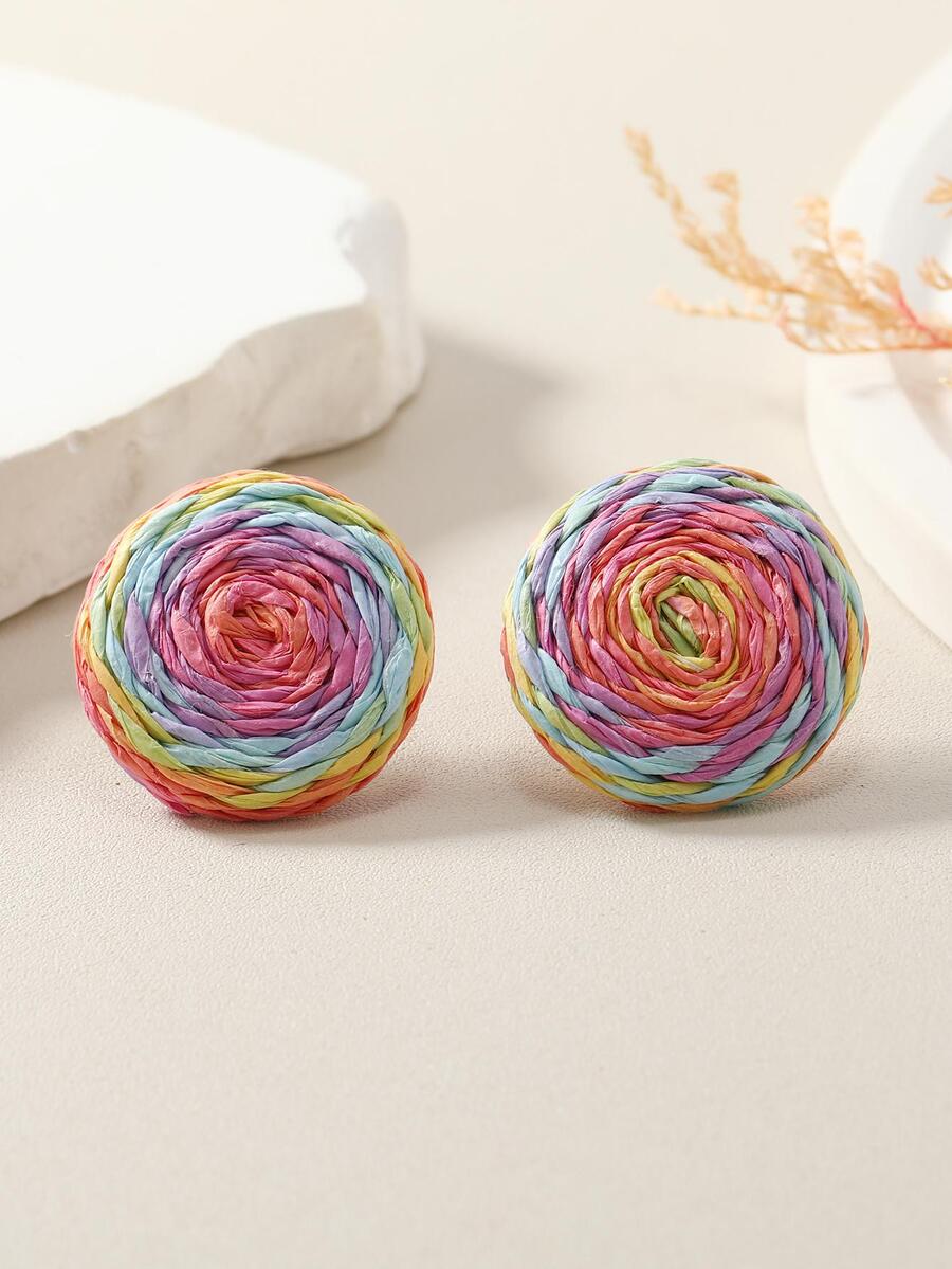 1pair Bohemian Style Double-Sided Handmade Pink Raffia Woven Round Earrings For Women, Vacation Style - Multicolor - View 1