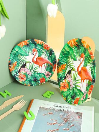 25入組火烈鳥和熱帶植物有圖案的一次性紙適合夏天派對