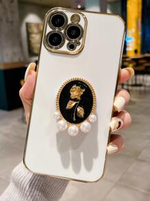 Funda para teléfono con agarre destacado para teléfono con decoración floral compatible con iPhone15/15Plus/15Pro/15Promax - Blanco - Ver 2