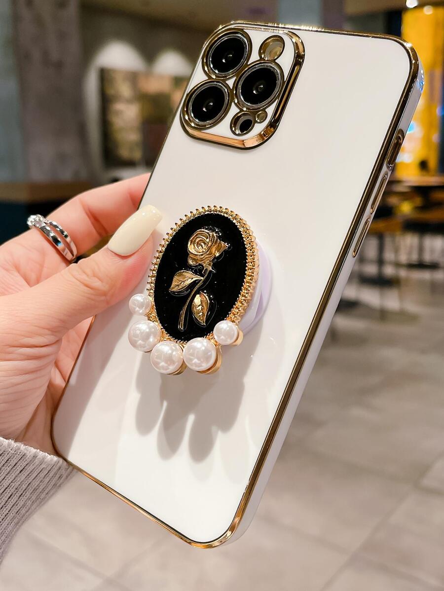 Funda para teléfono con agarre destacado para teléfono con decoración floral compatible con iPhone15/15Plus/15Pro/15Promax - Blanco - Ver 1