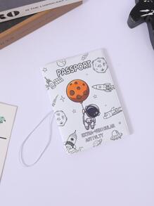 卡通圖案 PU 護照夾，帶鬆緊帶閉合，太空旅行，飛機和氣球，PVC 襯裡，便攜式，適合男女學生戶外活動和旅行 - 彩色 - 查看 1