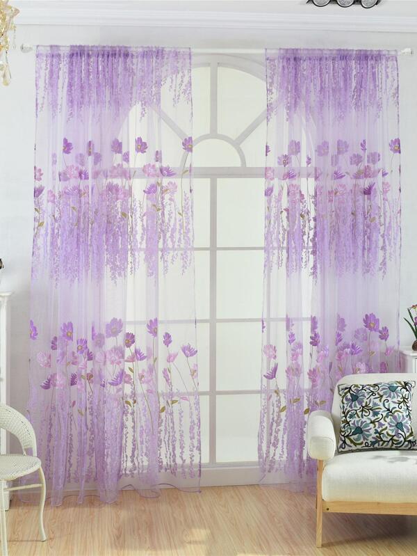 1pc Printed Glass Yarn Grid Flower Window Curtain (random Pattern), Beautiful & Fresh, Multiple Colors