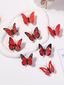 8 件装女士蝴蝶印花随机花卉形状仿 3D 蝴蝶发夹 - 紅色 - 查看 3