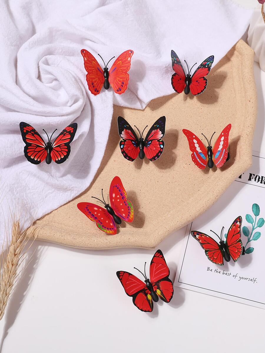 8 件装女士蝴蝶印花随机花卉形状仿 3D 蝴蝶发夹 - 紅色 - 查看 1