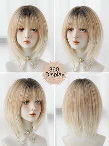 7JHH WIGS 7JHH 假髮短漸變金色假髮帶劉海天然合成深色根直金色鮑勃假髮適合女士日常使用派對和角色扮演 12 英寸 - 彩色 - 查看 6