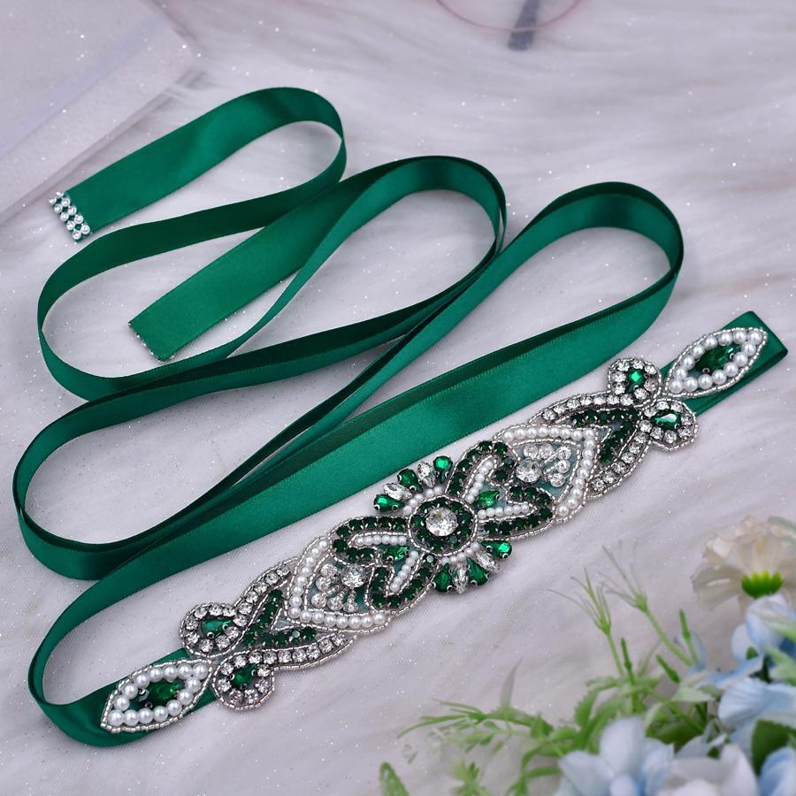 Rhinestone Decor Bridal Belt - Green - View 1