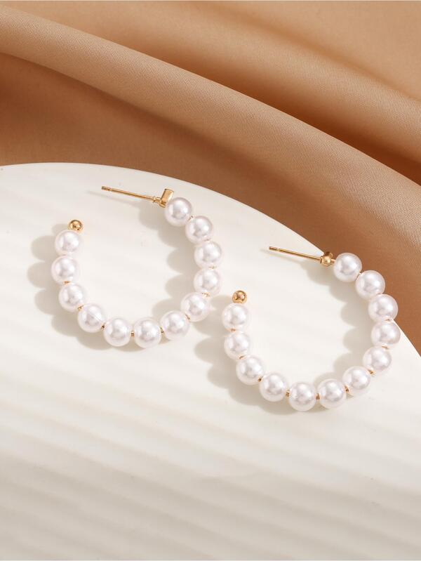 Faux Pearl Decor Hoop Earrings