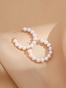 Faux Pearl Decor Hoop Earrings - White - View 2