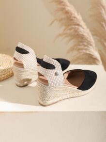 女士後綁帶鉚釘裝飾編織坡跟鞋,度假黑色仿麂皮條帶淺口坡跟鞋 - 黑色 - 查看 6