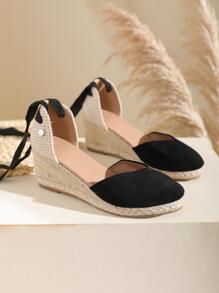 女士後綁帶鉚釘裝飾編織坡跟鞋,度假黑色仿麂皮條帶淺口坡跟鞋 - 黑色 - 查看 5