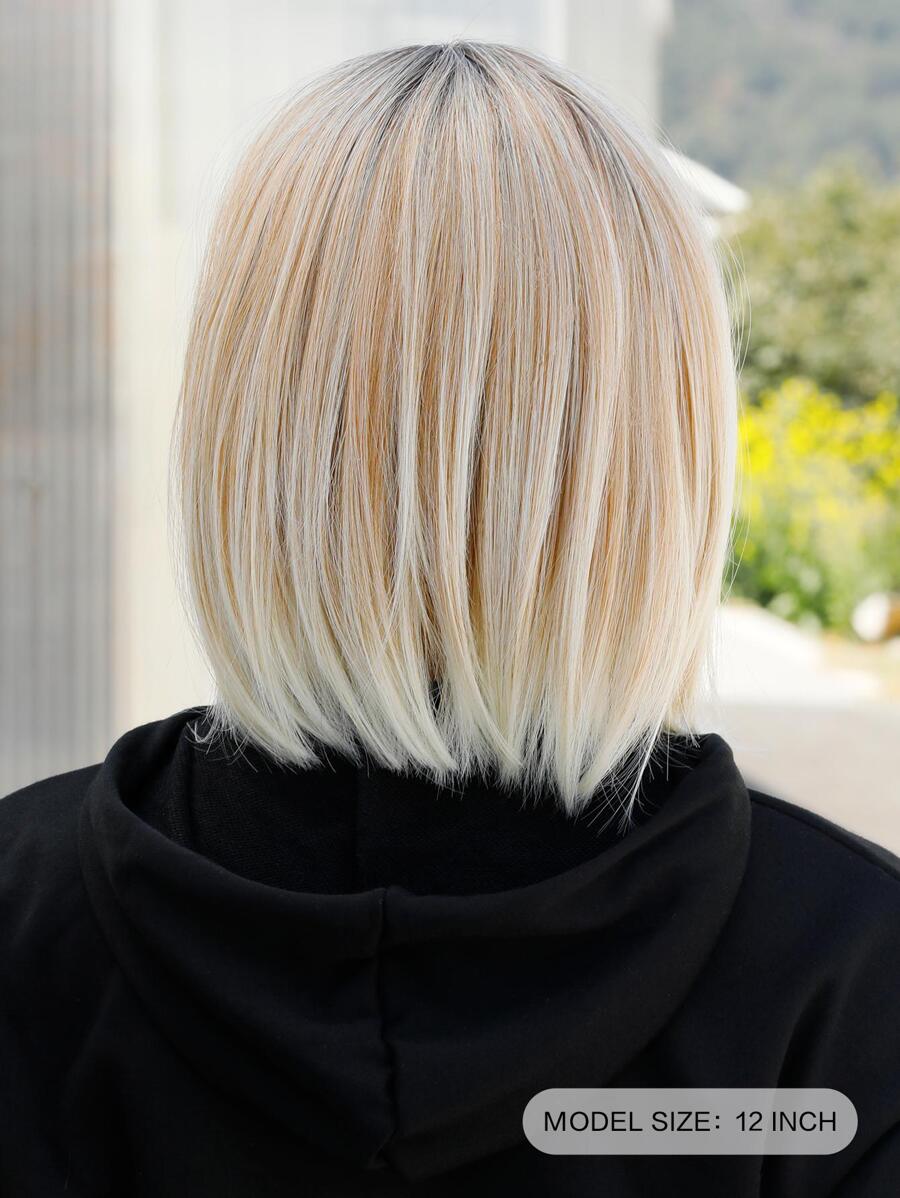 7JHH WIGS Tóc giả bob gợn sóng màu vàng ombre 7JHHWIGS, tóc giả rẽ ngôi bên màu vàng bạch kim với chân tóc tối màu, tóc giả ngắn thẳng tổng hợp trông tự nhiên, phù hợp cho nữ giới sử dụng hàng ngày, dài 12 inch.