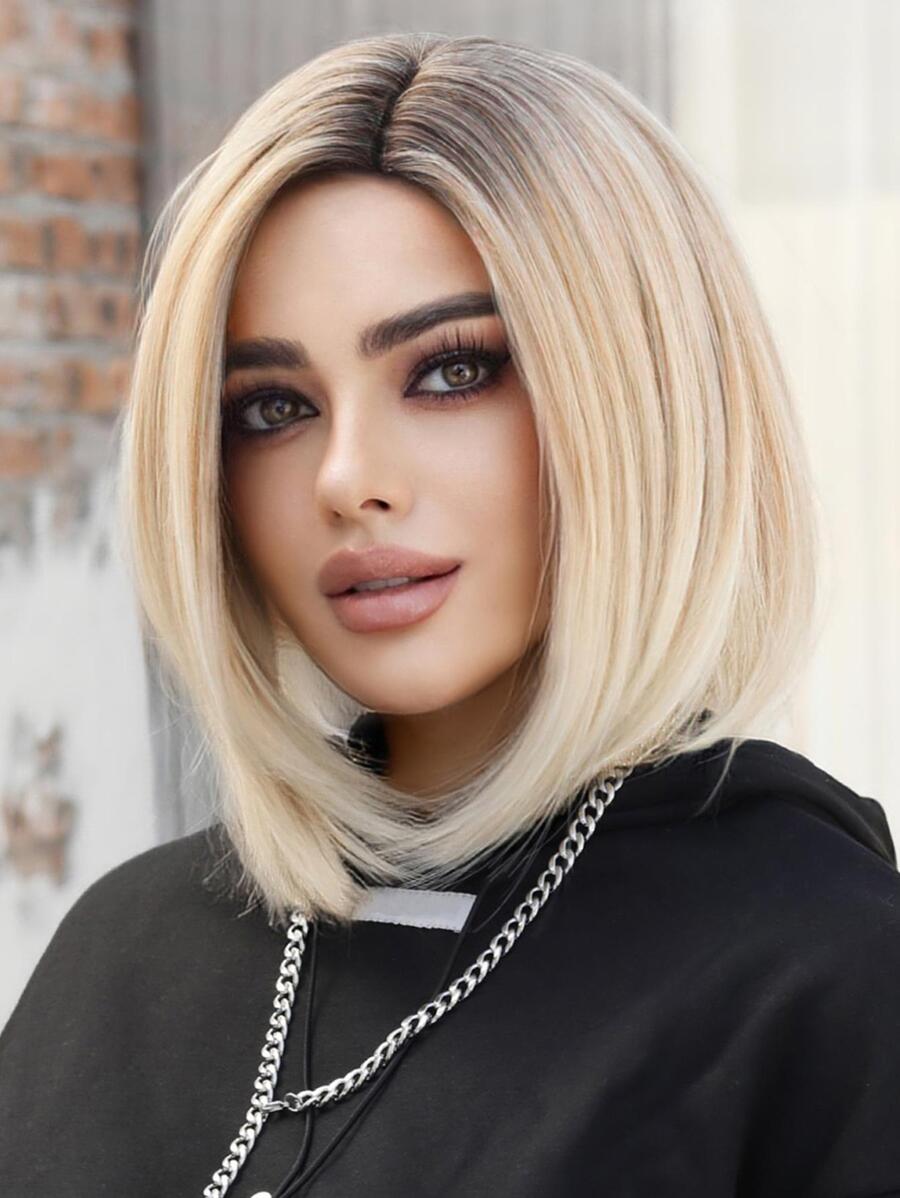 7JHH WIGS 7JHHWIGS 渐变金色波浪波波头假发，铂金色侧分假发，深色发根，自然逼真合成短直发假发，适合女性日常佩戴，12英寸