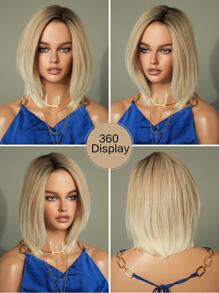 7JHH WIGS 7JHHWIGS 渐变金色波浪波波头假发，铂金色侧分假发，深色发根，自然逼真合成短直发假发，适合女性日常佩戴，12英寸 - 金色 - 查看 6