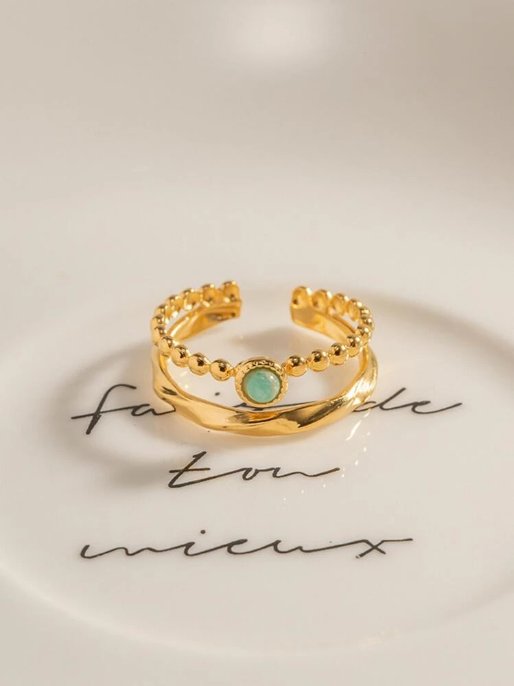 アマゾナイト ダブルレイヤーリング 天然石 素材 レディース 女性 ギフト アクセサリー - Yellow Gold - 見る 7