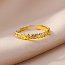 小麥鉚釘打開圓環適合女士,簡約風格不銹鋼手指圓環可調節時尚首飾類 - 金黃色 - 查看 2