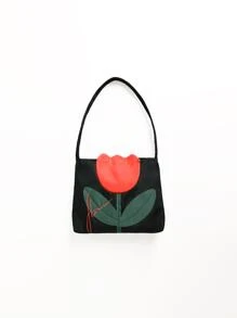 Metoo Tiramitu 1 件黑色大童簡約紅色鬱金香圖案防水複合磁鐵扣閉合單肩包 - 黑色 - 查看 2