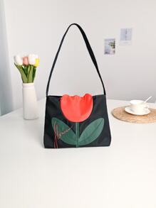 Metoo Tiramitu 1 件黑色大童簡約紅色鬱金香圖案防水複合磁鐵扣閉合單肩包 - 黑色 - 查看 1