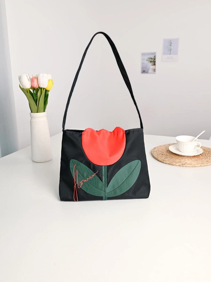 Metoo Tiramitu 1 件黑色大童簡約紅色鬱金香圖案防水複合磁鐵扣閉合單肩包 - 黑色 - 查看 1