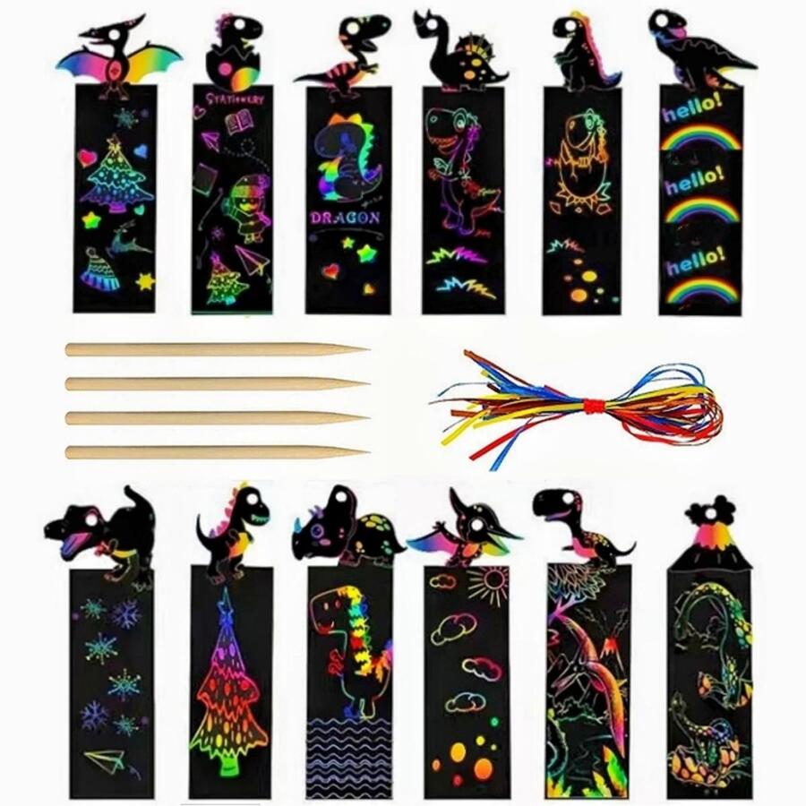 1 Set 12 Pcs Scratch Art Bookmarks, Dinosaur Bookmarks, Magic Scratch Rainbow Bookmarks Making Kit, DIY Bookmark Art Craft Paper Bookmark, Party Favors Gifts From Teacher Bulk, Party Bags Filler, Birthday Gift - Black - View 1